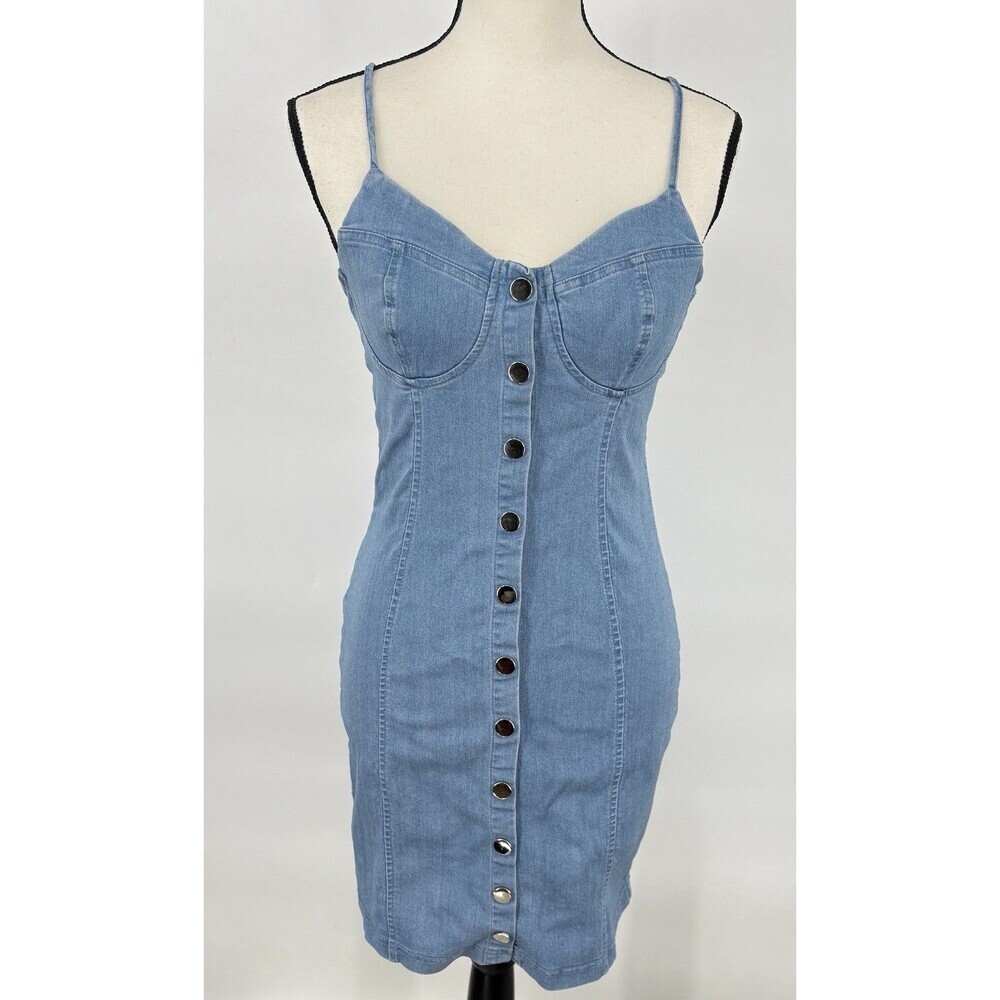 Iris Denim Mine Bodycon Dress Spaghetti Strap Woman's Size Medium Button Front